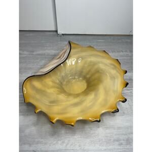 Unique art glass shell bowl gold plum swirled fold over centerpiece